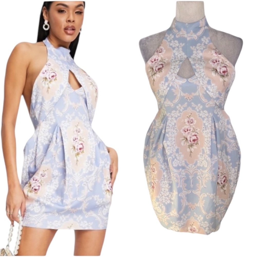 NWT ASOS Design Floral Print Backless Cutout Mini Tulip Dress in Pastel Regal  6
